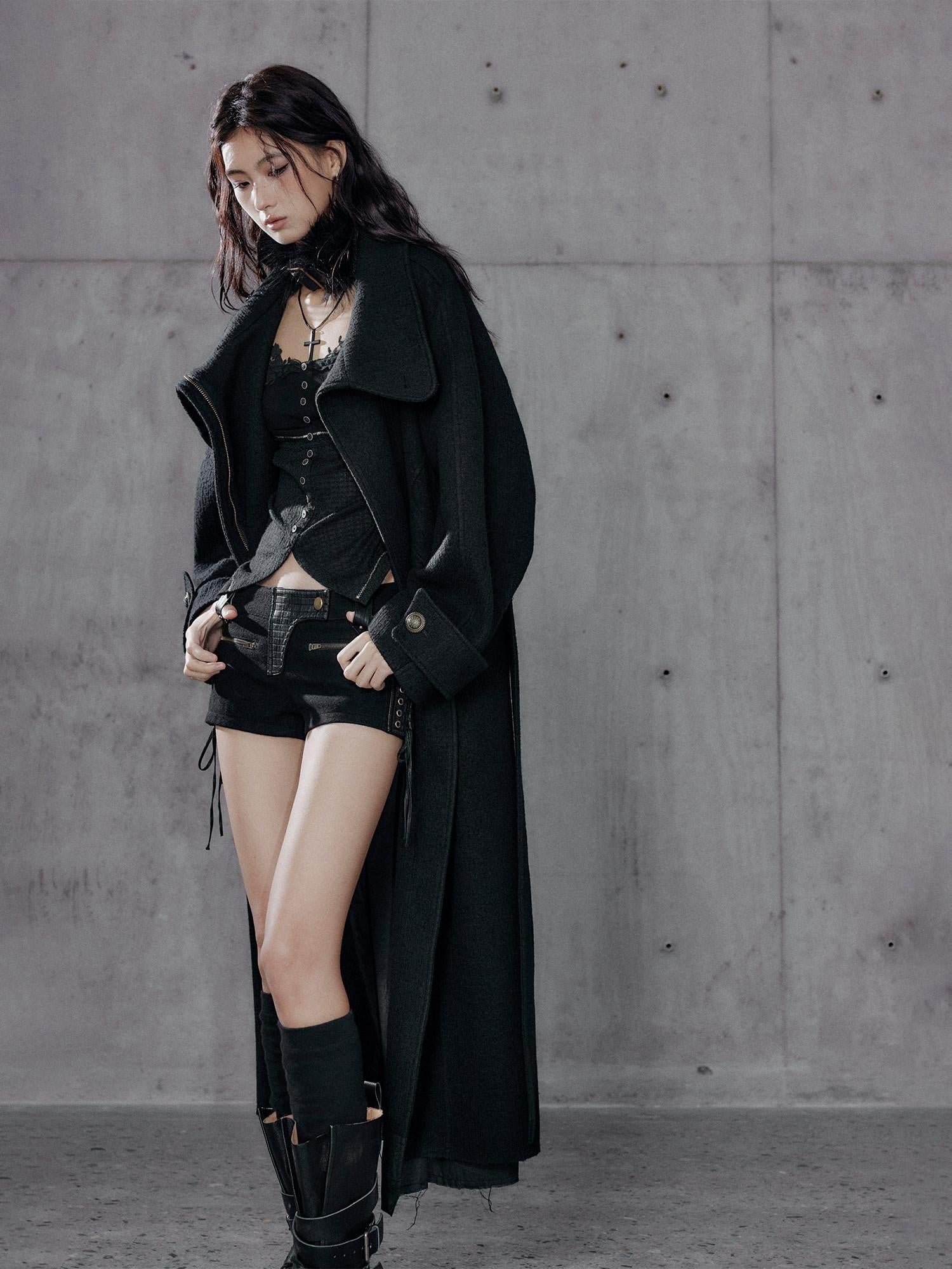 Low pixel Thick Wool Blend Oversized Streetwear European Long Zip Lapel Black Wool Coats