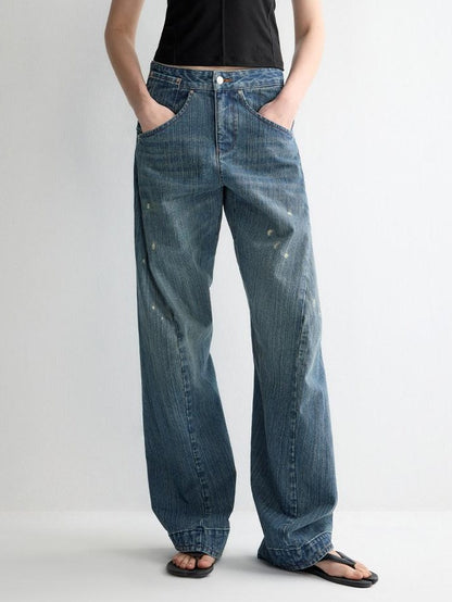 RUN TO THE FUTURE Ripped Washed Durable Low Rise Relaxed Fit Vintage Blue Wide-Leg Jeans