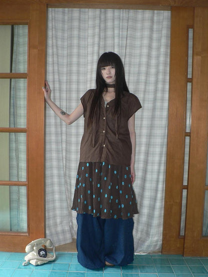 ang project Deep Blue Vintage Pleated Elastic Waist Loose Fit Women&