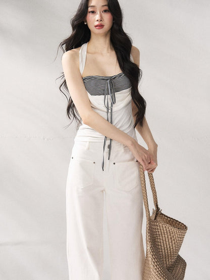 7Shiftin Striped Layered Two Piece Three Quarter Sleeve High Waist Long Sleeve Crop Tops