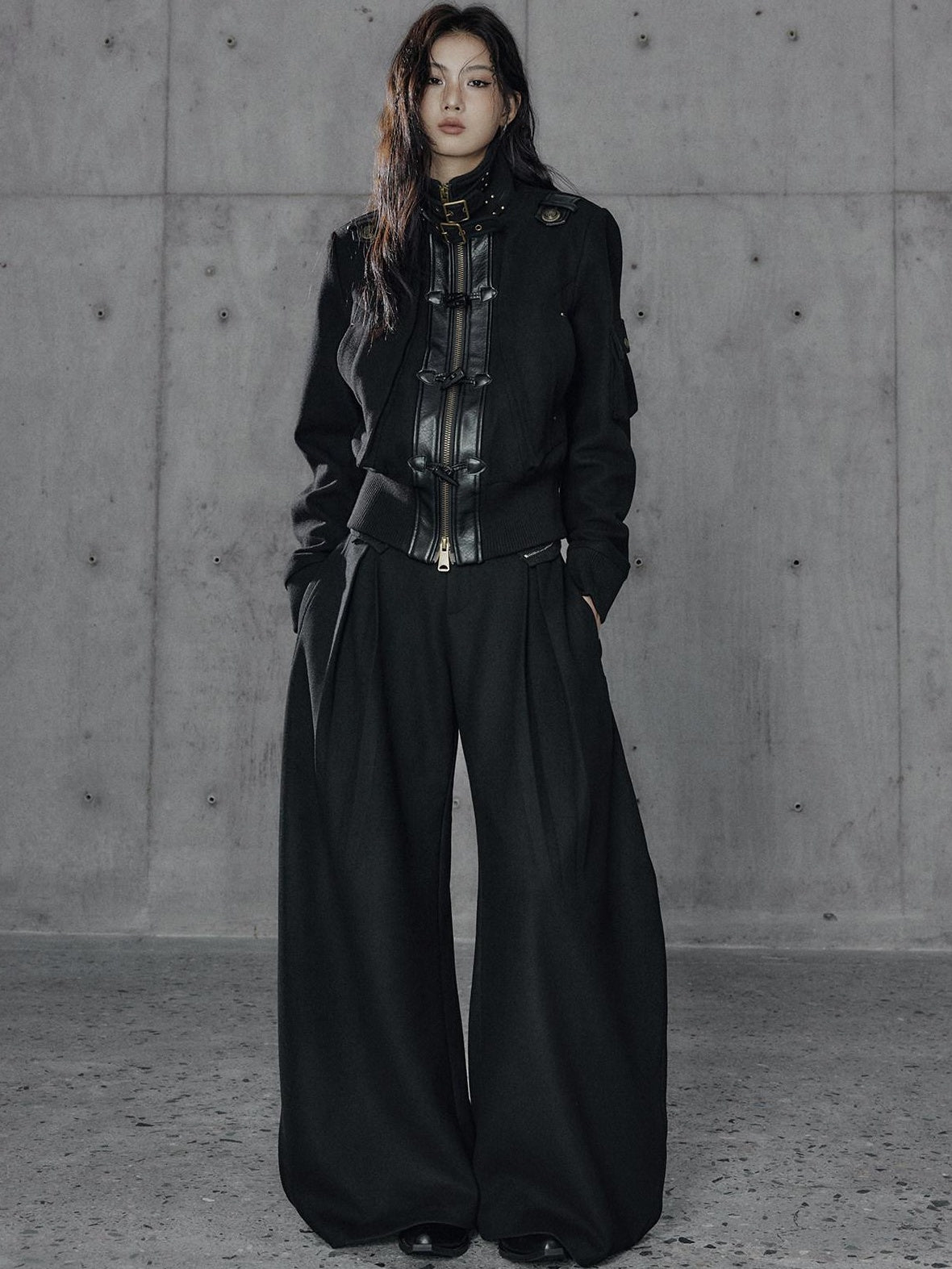 Low pixel Thick Wool Blend Slim Fit Street Hippie Stand Collar Black Cropped Jackets