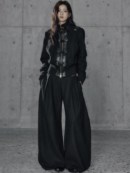 Low pixel Thick Wool Blend Slim Fit Street Hippie Stand Collar Black Cropped Jackets