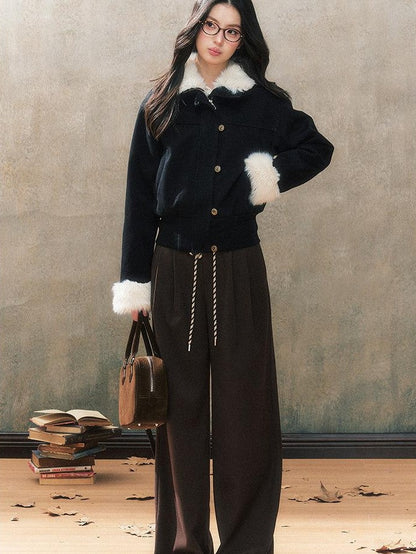7Shiftin Original Slim Women Stand Collar Button Pocket Warm Black Fur Cropped Jackets