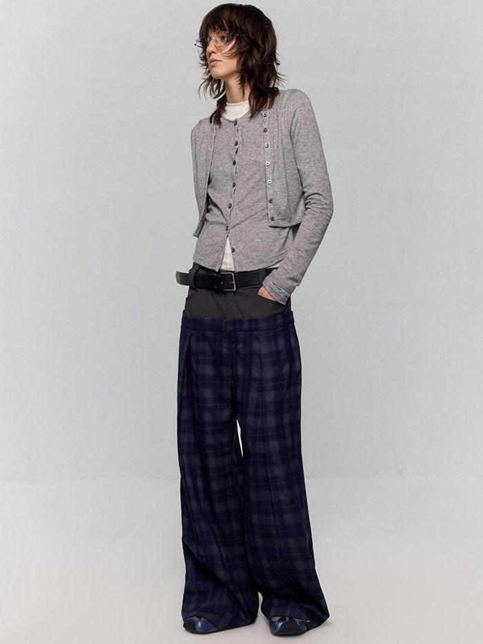 RUN TO THE FUTURE Original Double Waist Pockets Low Rise Wide Leg Women Blue Grey Plaid Chinos