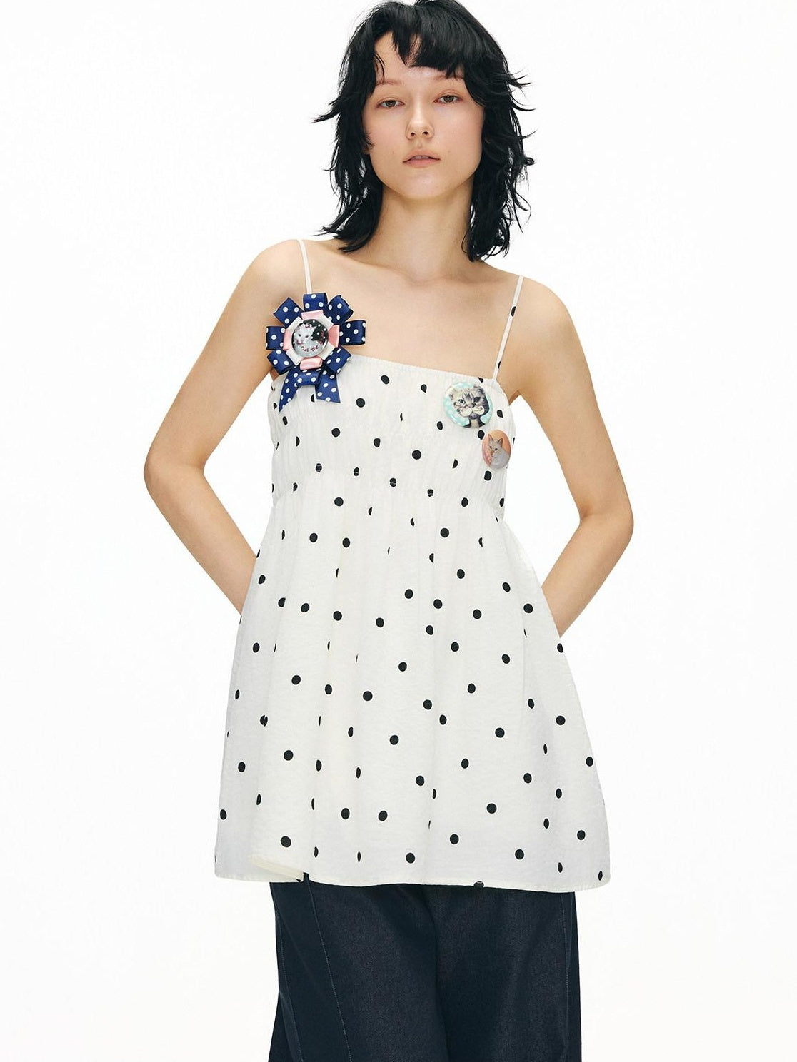 OuttheBlue Soft Cotton Loose Fit Polka Dot Spaghetti Strap Beige Slip Mini Dresses