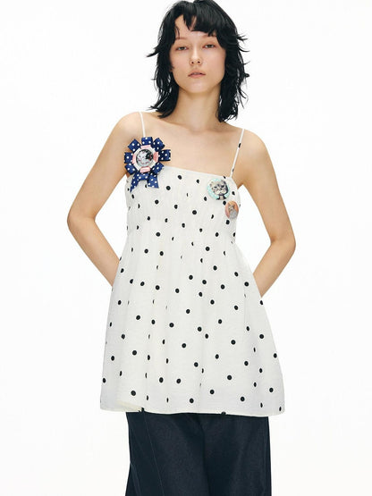 OuttheBlue Soft Cotton Loose Fit Polka Dot Spaghetti Strap Beige Slip Mini Dresses
