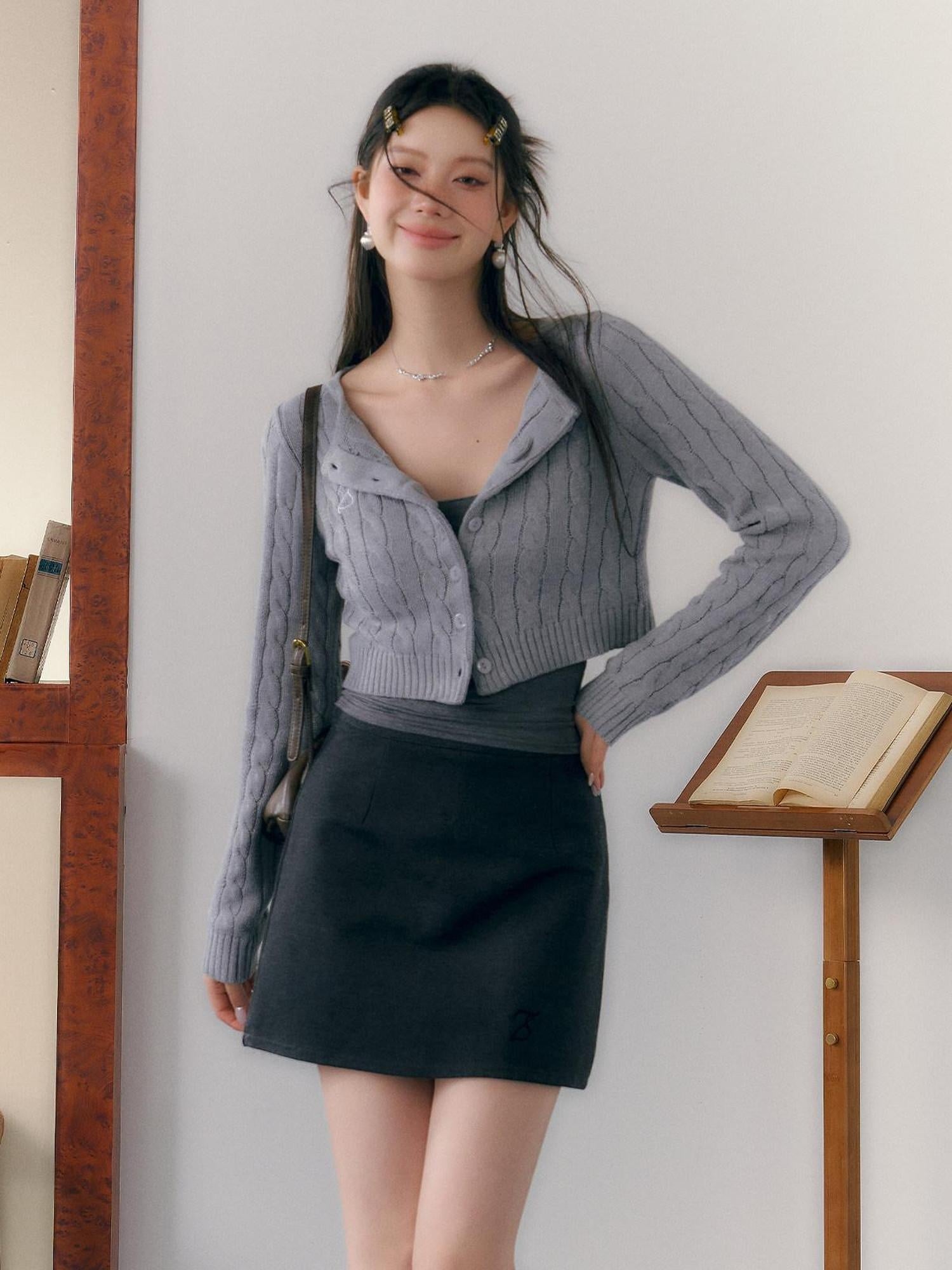 7Shiftin Button V-neck Cardigan Women Workwear Solid Grey Camisole Skirt Top &amp; Skirt Sets