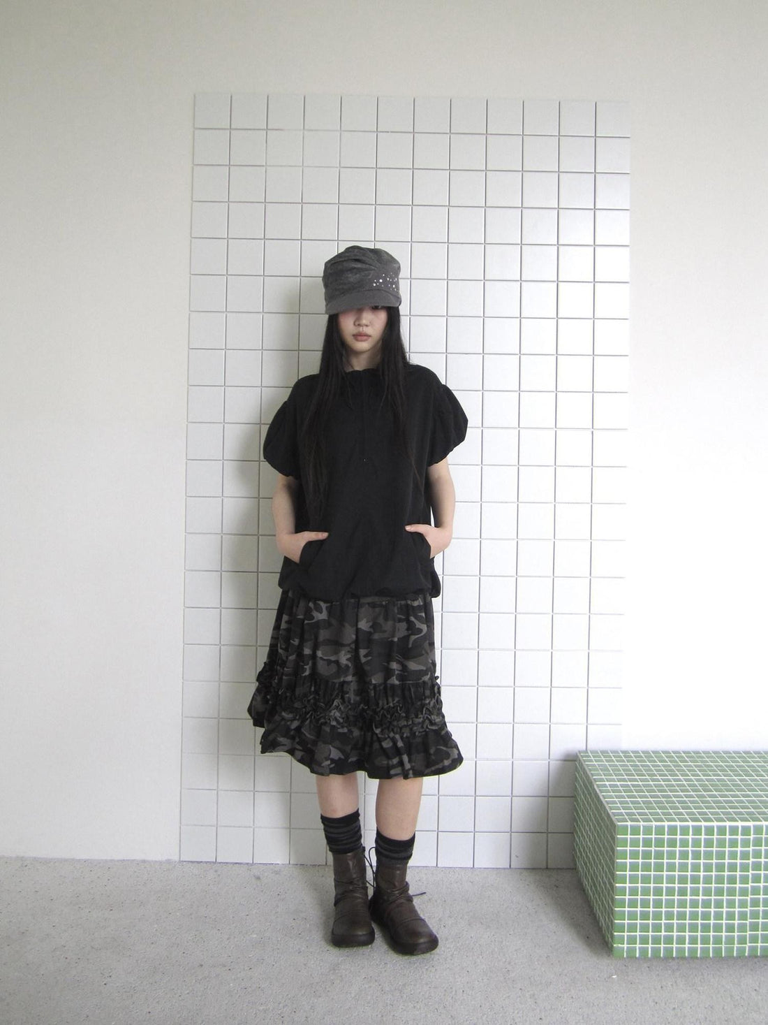 ang project Camouflage Ruffle Edge Patchwork Elastic Waist Women&