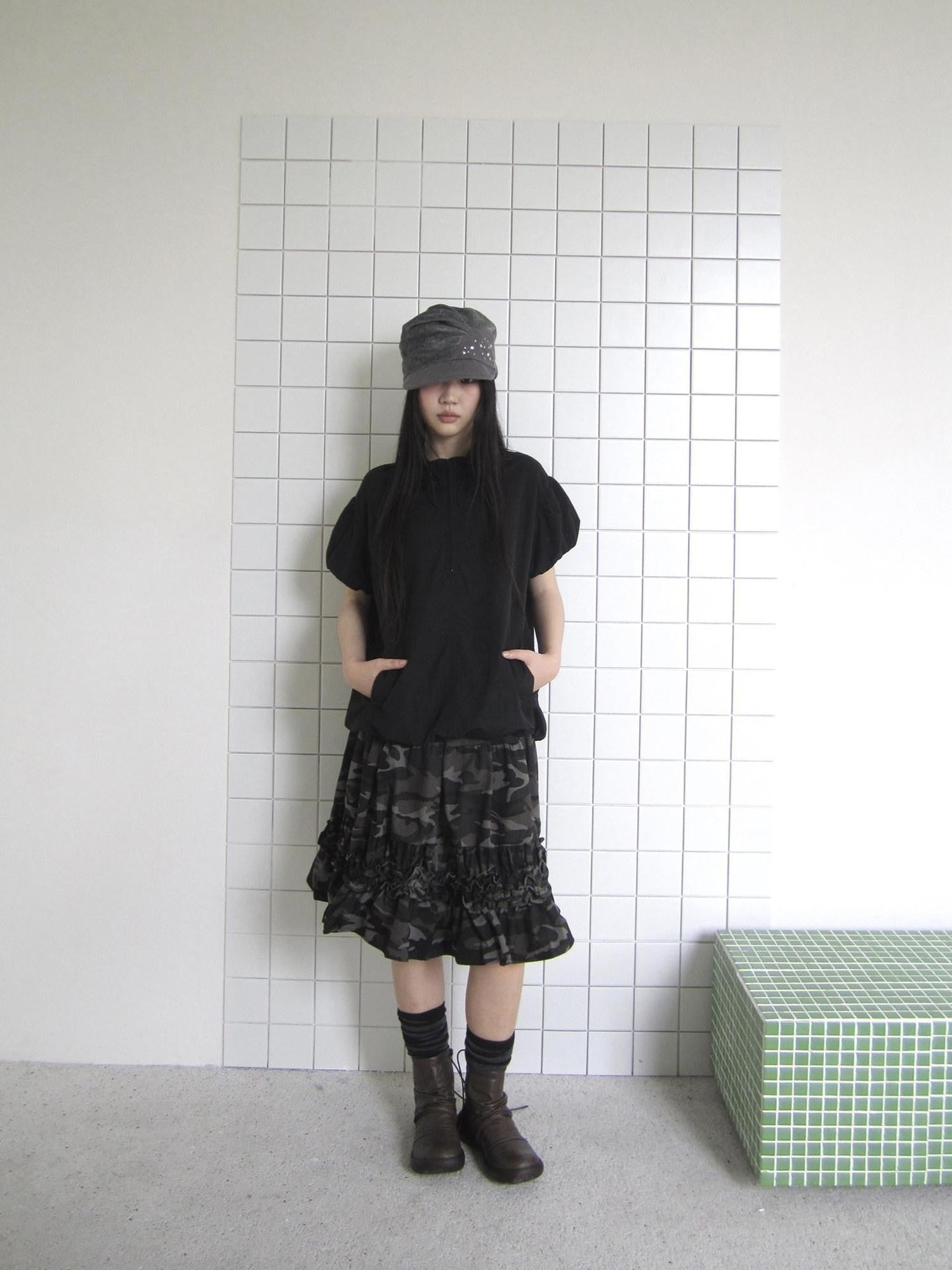 ang project Camouflage Ruffle Edge Patchwork Elastic Waist Women&