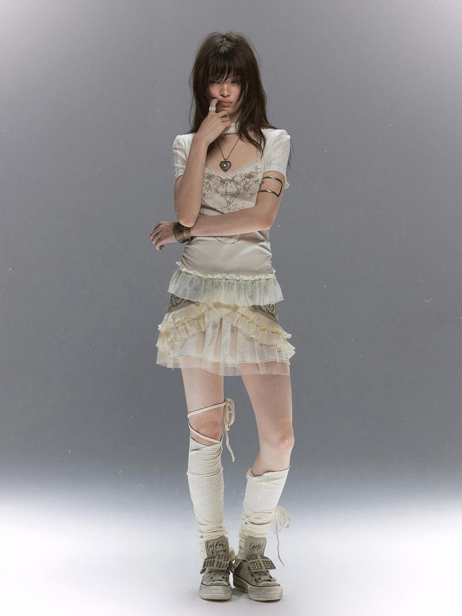 Cest Nous Butterfly Print Textured Lace Ruffle Women&