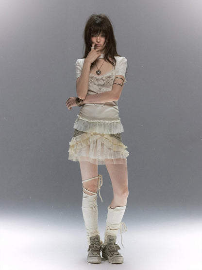 Cest Nous Butterfly Print Textured Lace Ruffle Women&