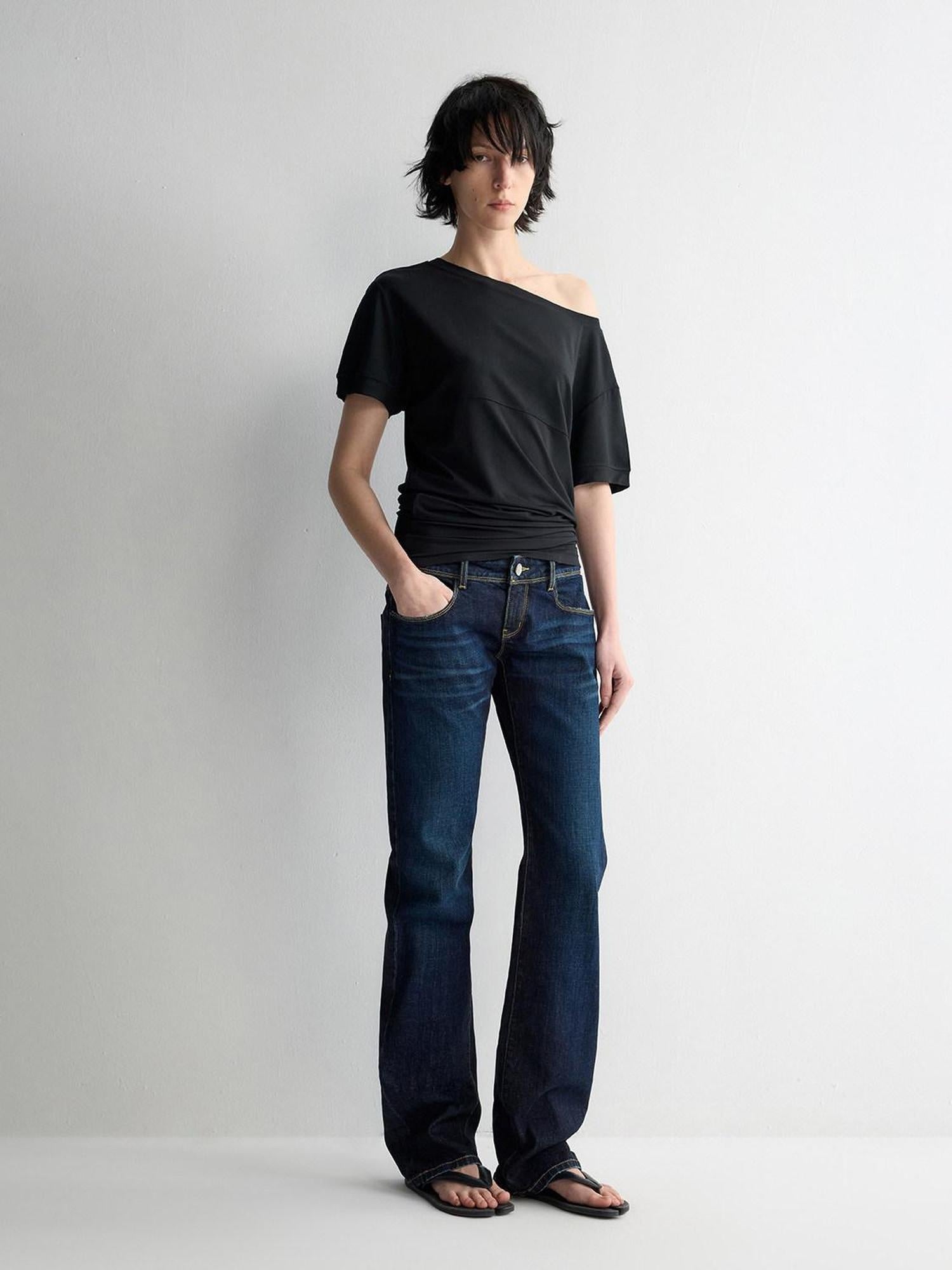 RUN TO THE FUTURE Durable Low Rise Slim Fit Casual Dark Denim Zipper Fly No Stretch Straight Jeans