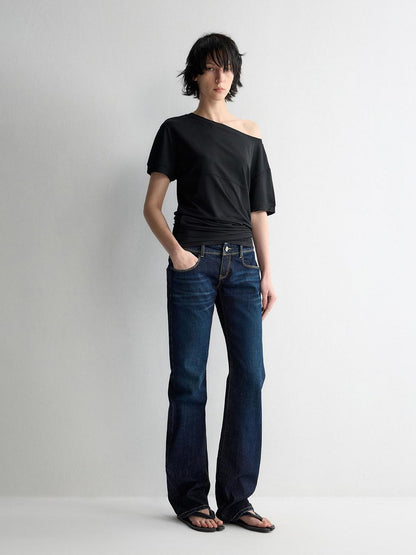 RUN TO THE FUTURE Durable Low Rise Slim Fit Casual Dark Denim Zipper Fly No Stretch Straight Jeans