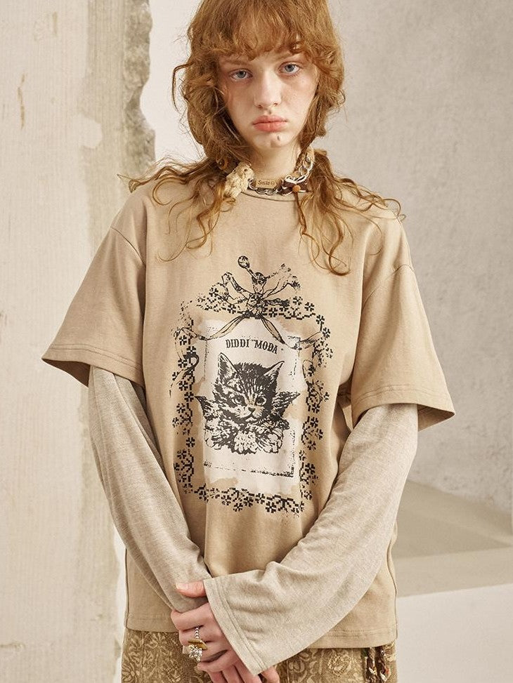 DIDDI MODA Angel Kitten Print Faux Layered Loose Women&