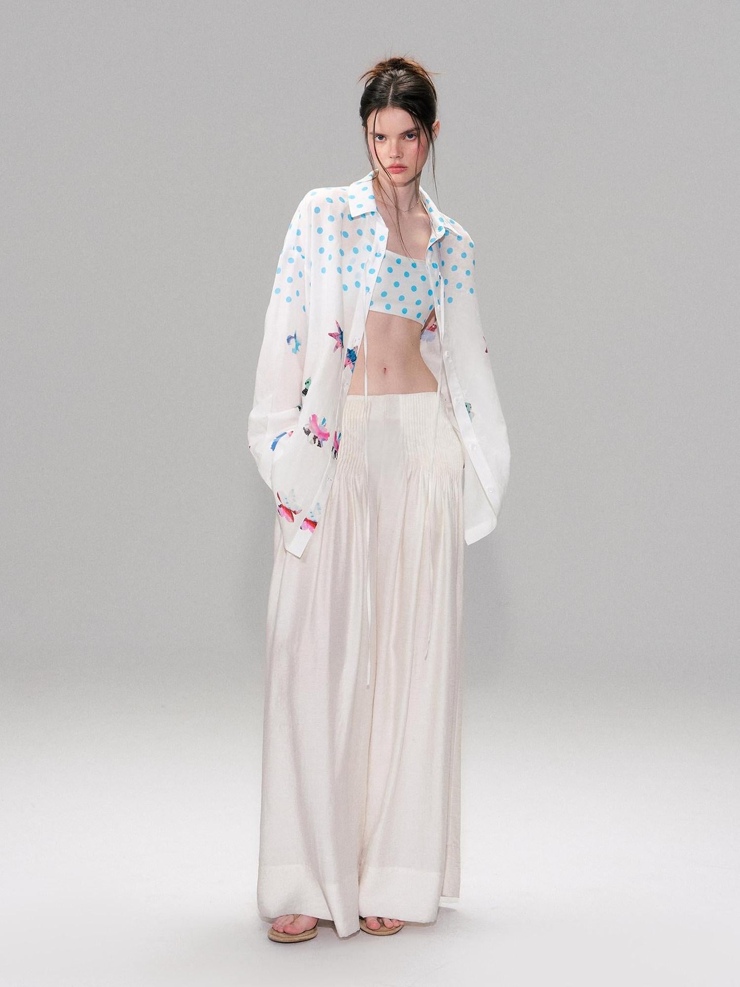 The NeverMore Lightweight Linen Blend Pleated Mid Waist Casual Women Off White Wide Leg Pants