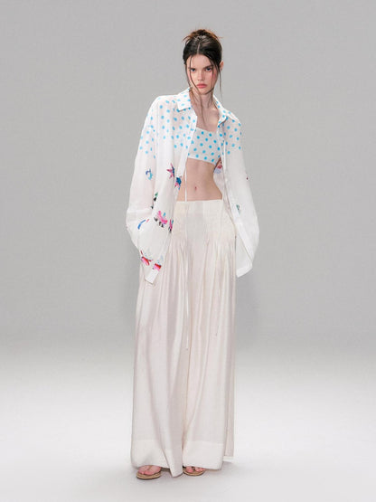 The NeverMore Lightweight Linen Blend Pleated Mid Waist Casual Women Off White Wide Leg Pants