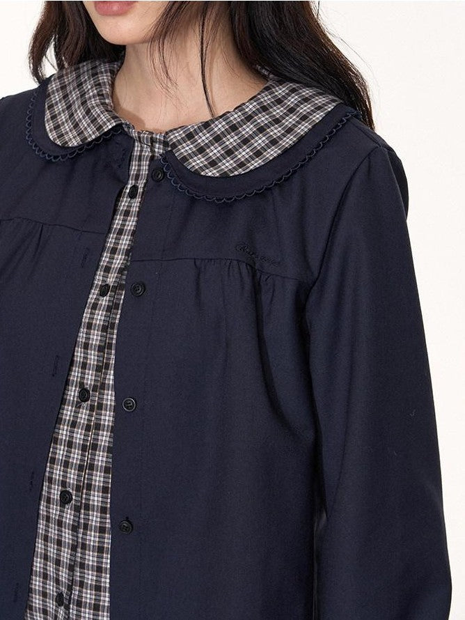 NAPSNAPS Navy Plaid Patchwork Doll Collar Faux Two Piece Women&