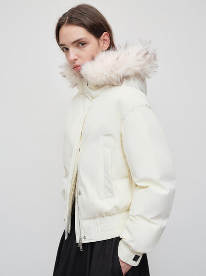 RUN TO THE FUTURE 90 Percent White Duck Down Short Straight Women Detachable Hood Fur Down Jackets