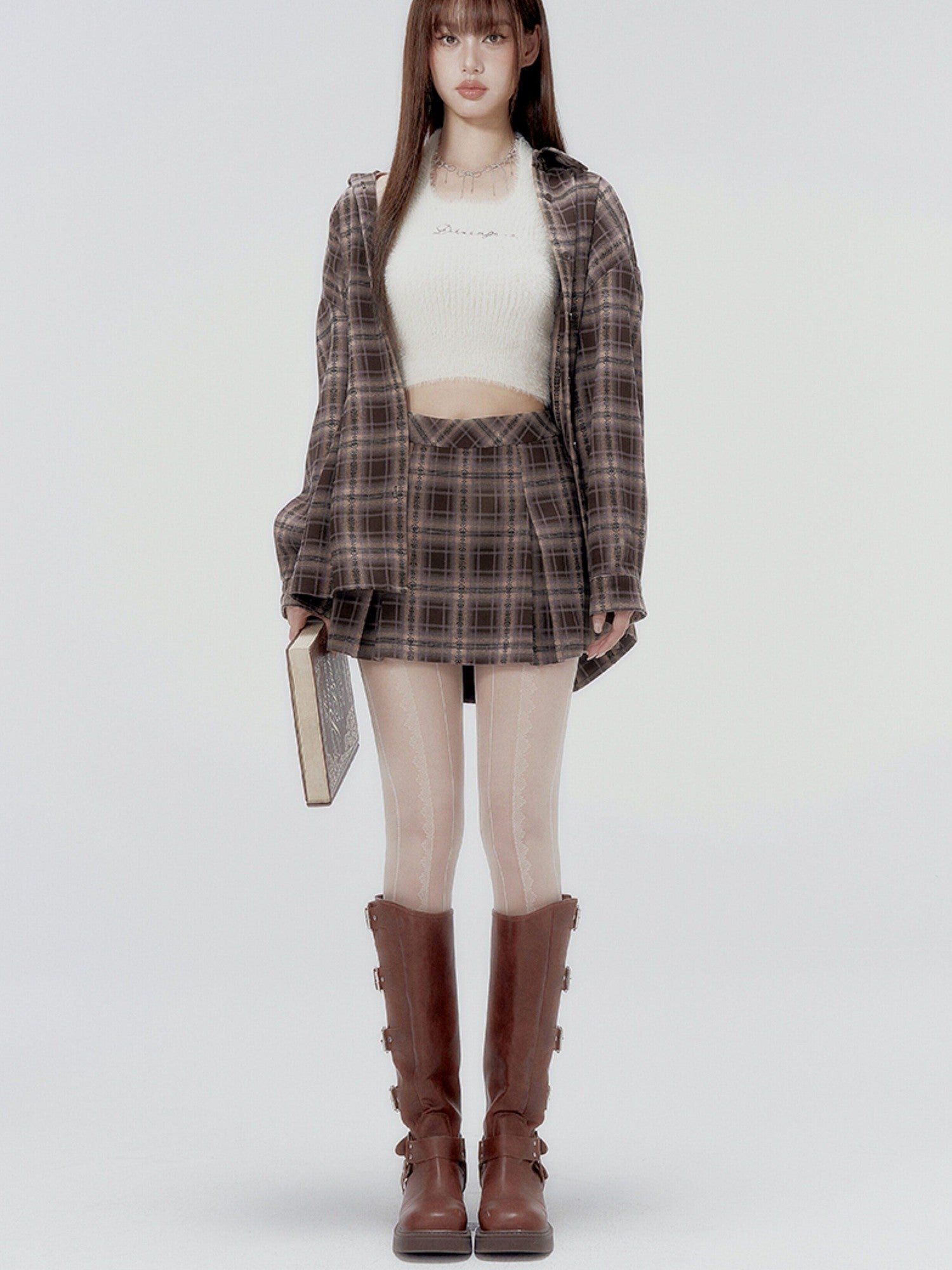 DKZ OFFICIAL Plaid Shirred Drop Shoulder Women&