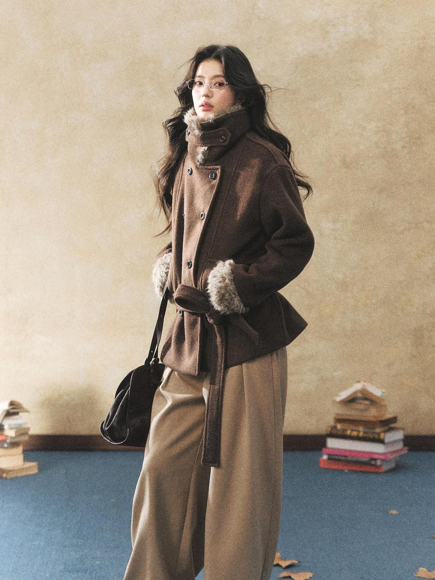 7Shiftin Warm Waist Cinched Casual Mid Length Fur Collar Double Breasted Brown Coats