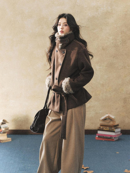 7Shiftin Warm Waist Cinched Casual Mid Length Fur Collar Double Breasted Brown Coats