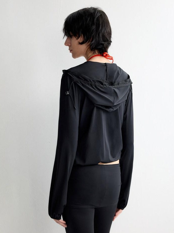 RUN TO THE FUTURE Breathable Upf110 Protection Slim Fit Hooded Zip Cropped Female Black Hoodies