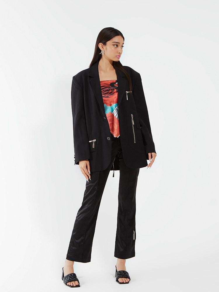JYOSEI Black Padded Shoulder Loose Fit Single Button Pockets Women&