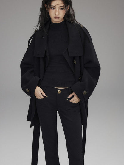 Low pixel Warm Oversized Street Midlength Notch Lapel Wool Cashmere Black Wool Coats