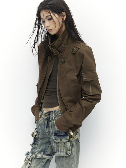 Low pixel Slim Waist Dark Gothic Cotton Zip Stand Collar Long Sleeve Women Cropped Jackets