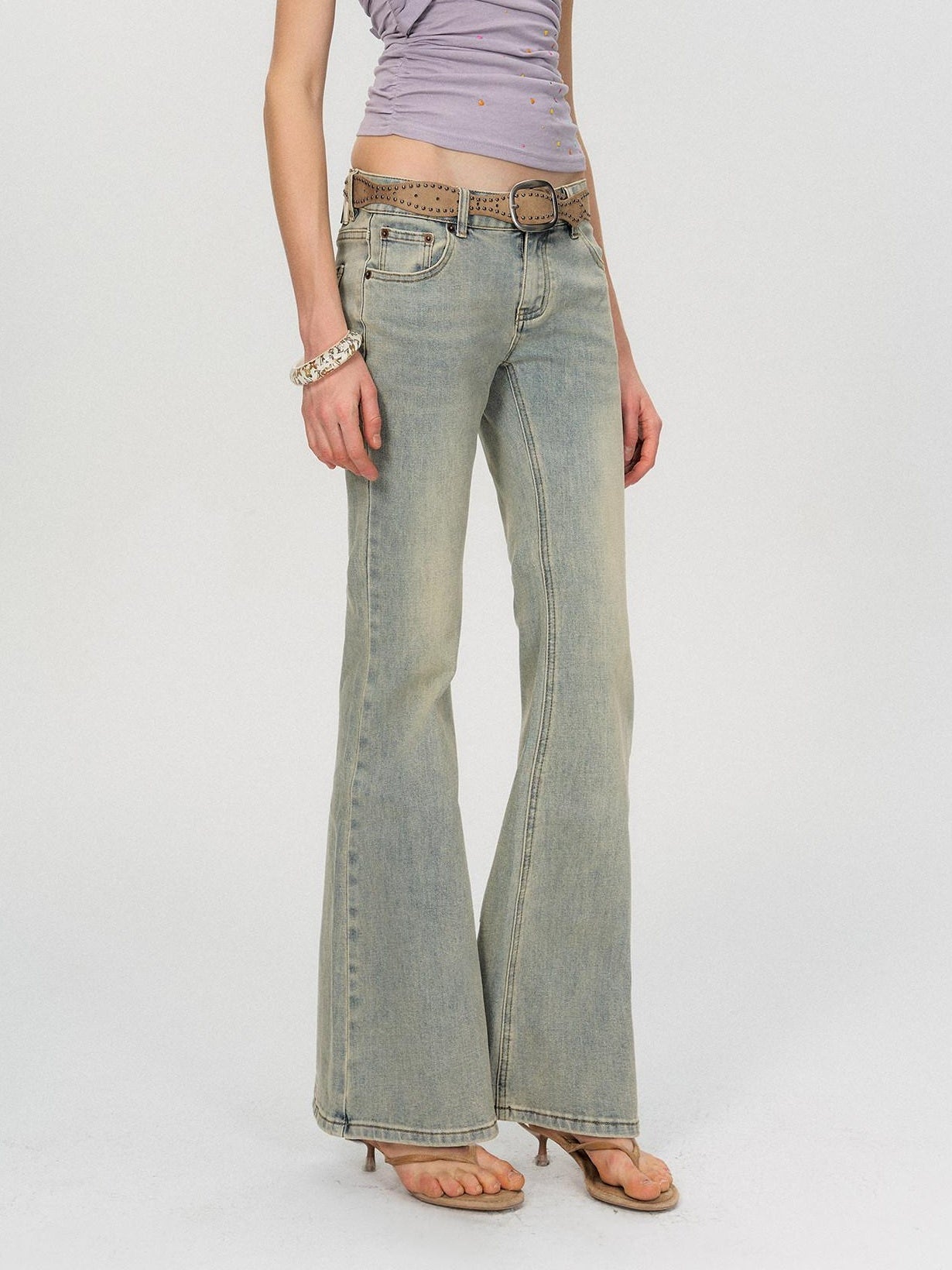 The NeverMore Washed Micro Flare Low Rise Micro Stretch Cotton Blue Green Straight Leg Jeans