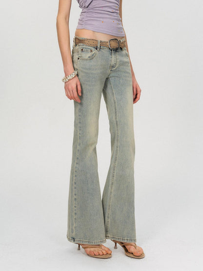 The NeverMore Washed Micro Flare Low Rise Micro Stretch Cotton Blue Green Straight Leg Jeans
