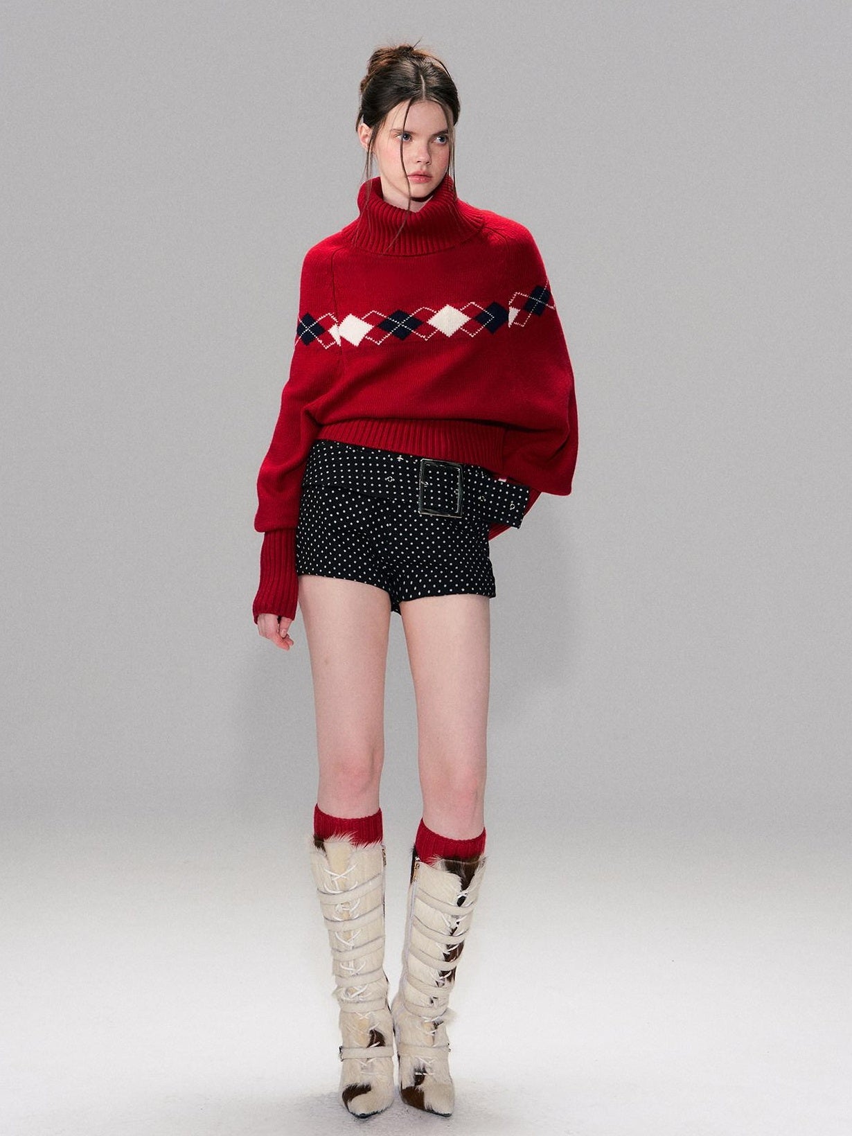 The NeverMore Warm Wool Pullover Vintage Jacquard Cape Batwing Women High Neck Red Sweaters