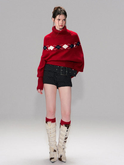 The NeverMore Warm Wool Pullover Vintage Jacquard Cape Batwing Women High Neck Red Sweaters