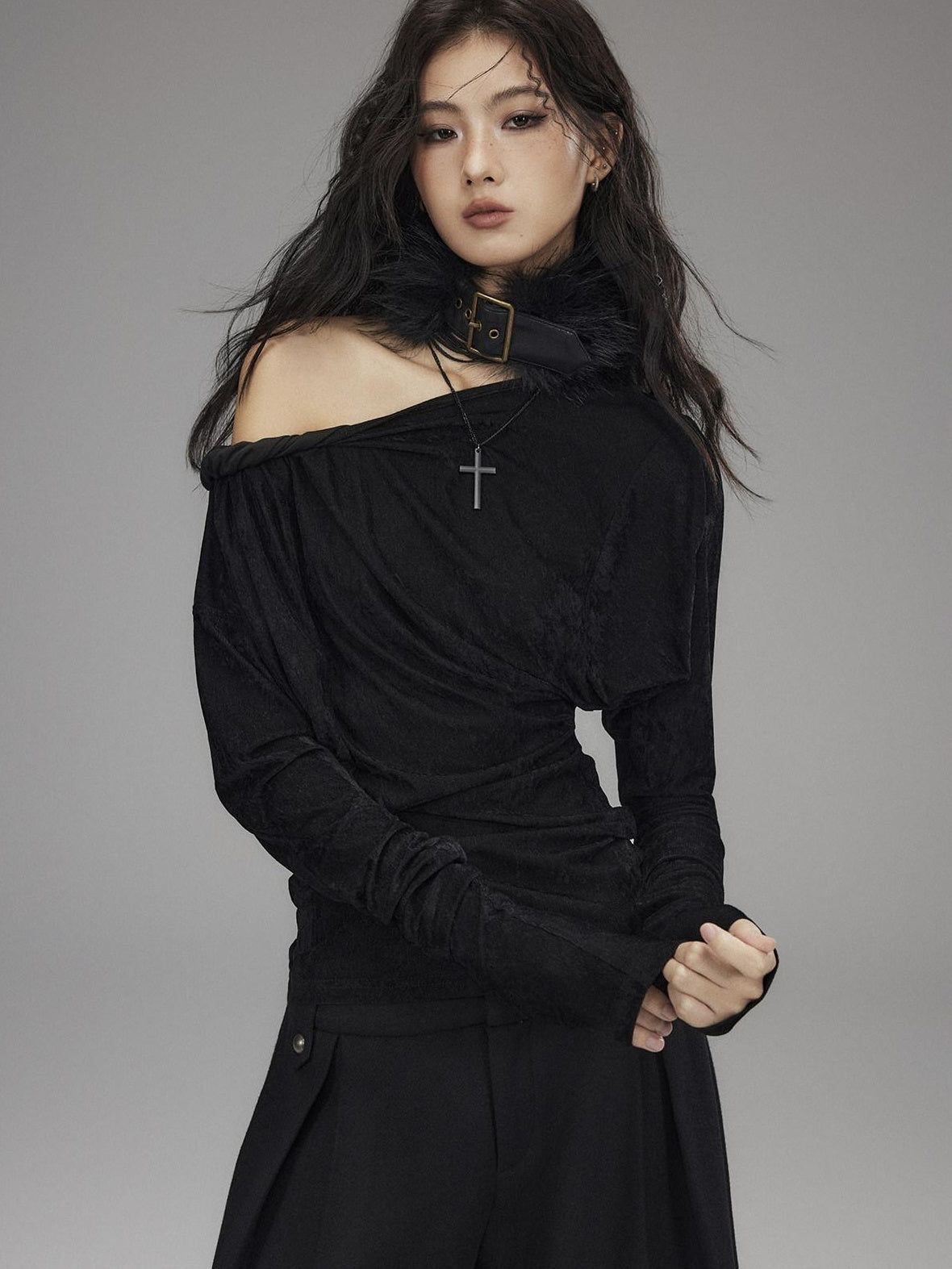 Low pixel Vintage Waist Long Sleeve Slant Neck Black Knit Women Off Shoulder Crop Tops