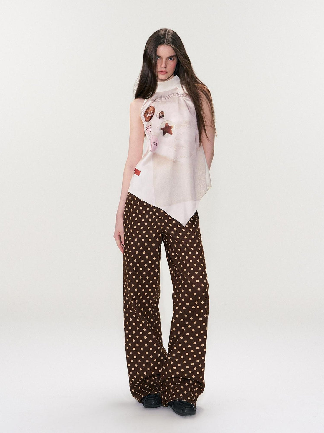 The NeverMore Cotton Polka Dot Vintage Natural Waist Casual Women Brown Straight Leg Jeans