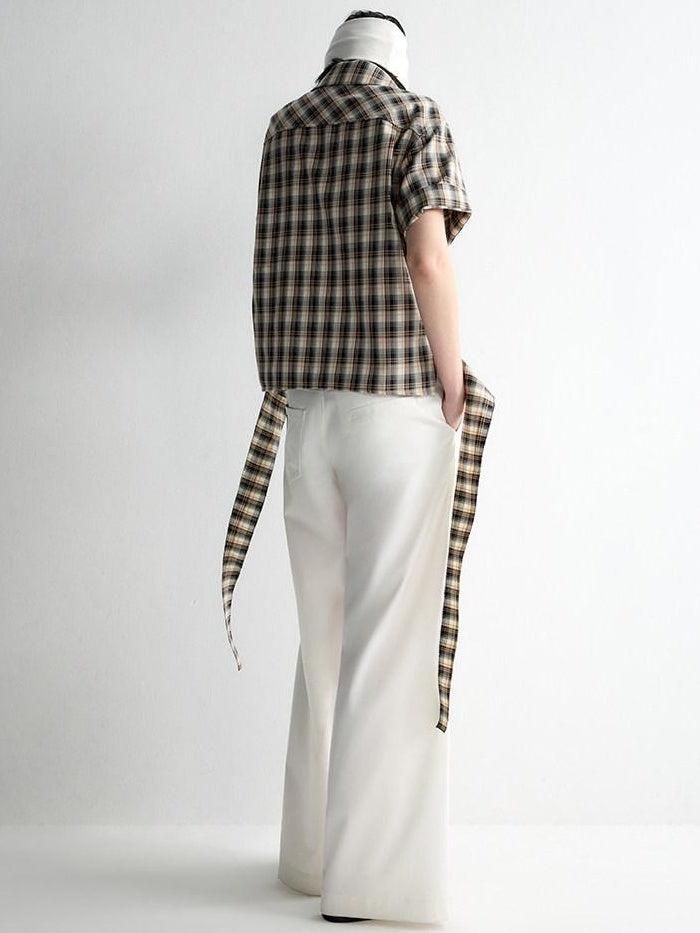 RUN TO THE FUTURE Skin Friendly Breathable Vintage Slim Tie Women Plaid Button Collar Shirts