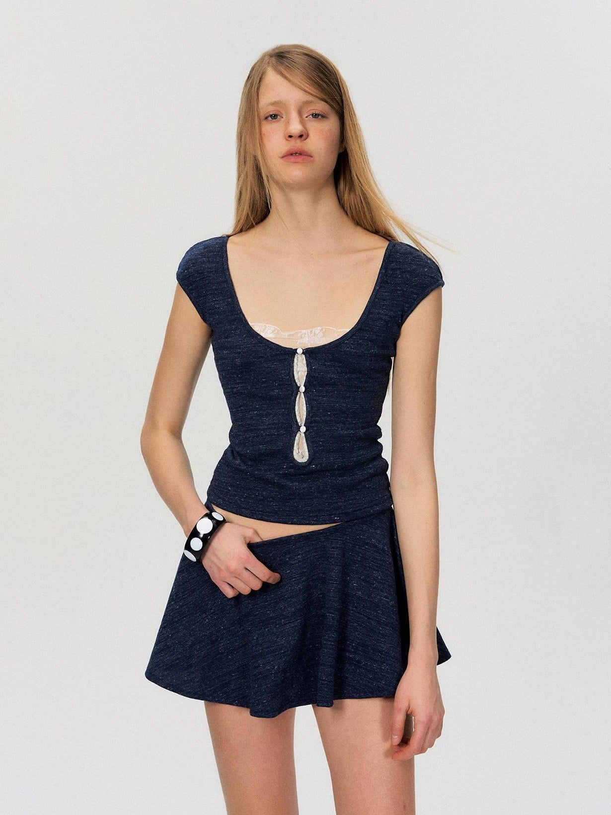 The NeverMore Two Piece Pullover Top And Skirt Women White Navy Short Sleeve T-Shirts