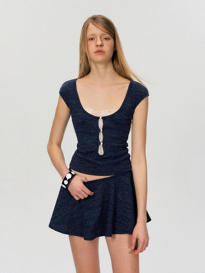 The NeverMore Two Piece Pullover Top And Skirt Women White Navy Short Sleeve T-Shirts