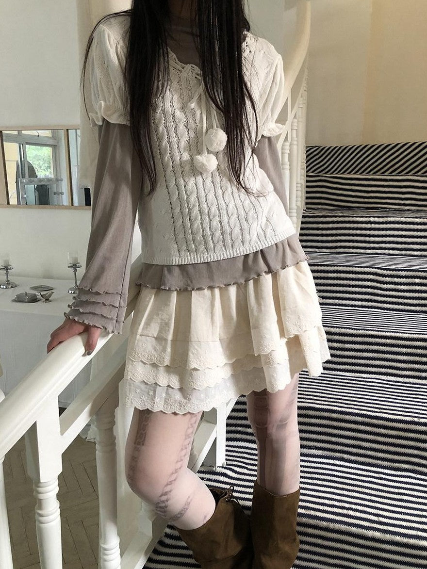 ang project Light Apricot Lace Spliced Embroidered High Waist Elastic A Line Women&