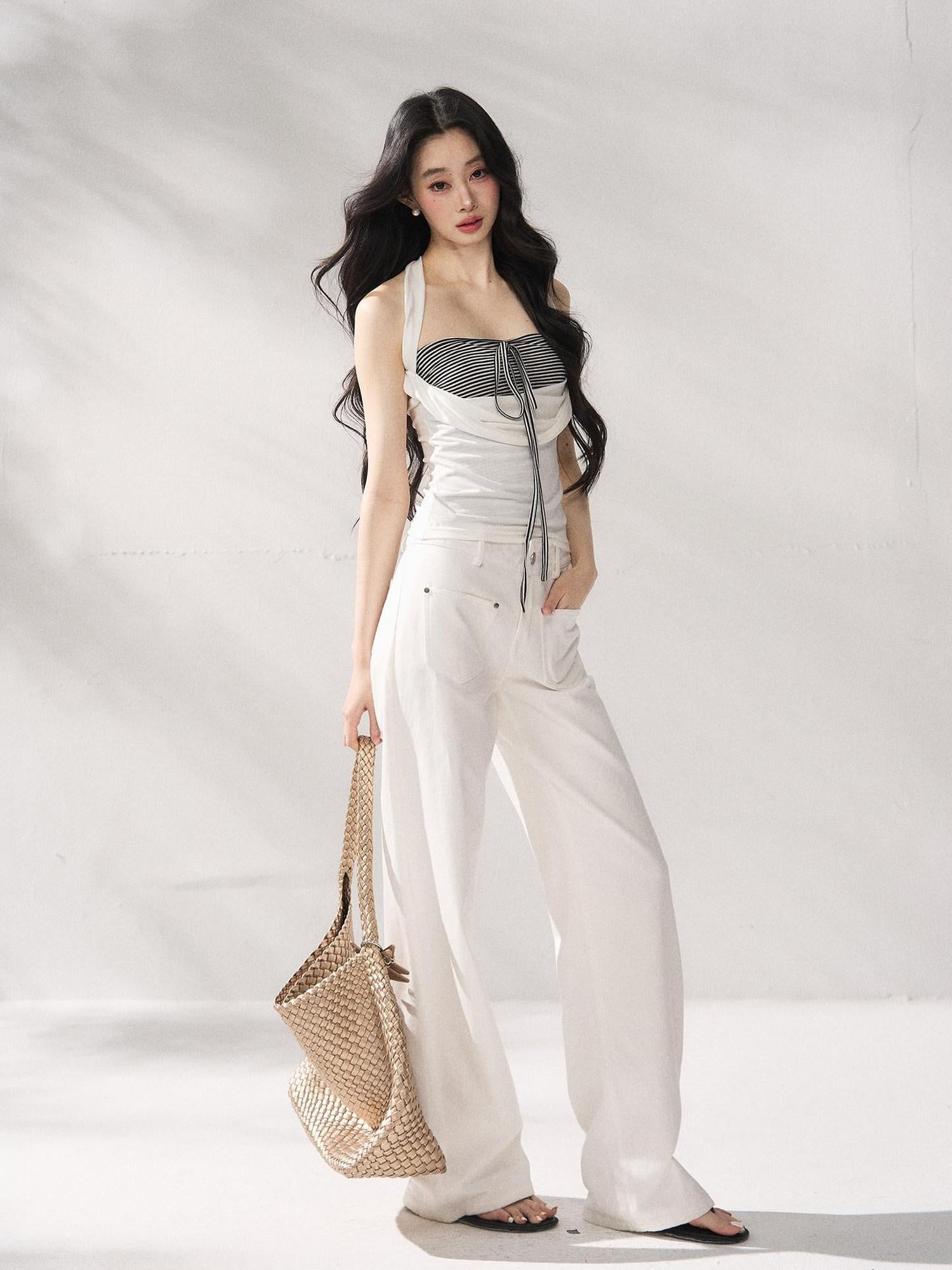 7Shiftin Button Front Natural Waist Casual White Flowy Wide Leg Pants