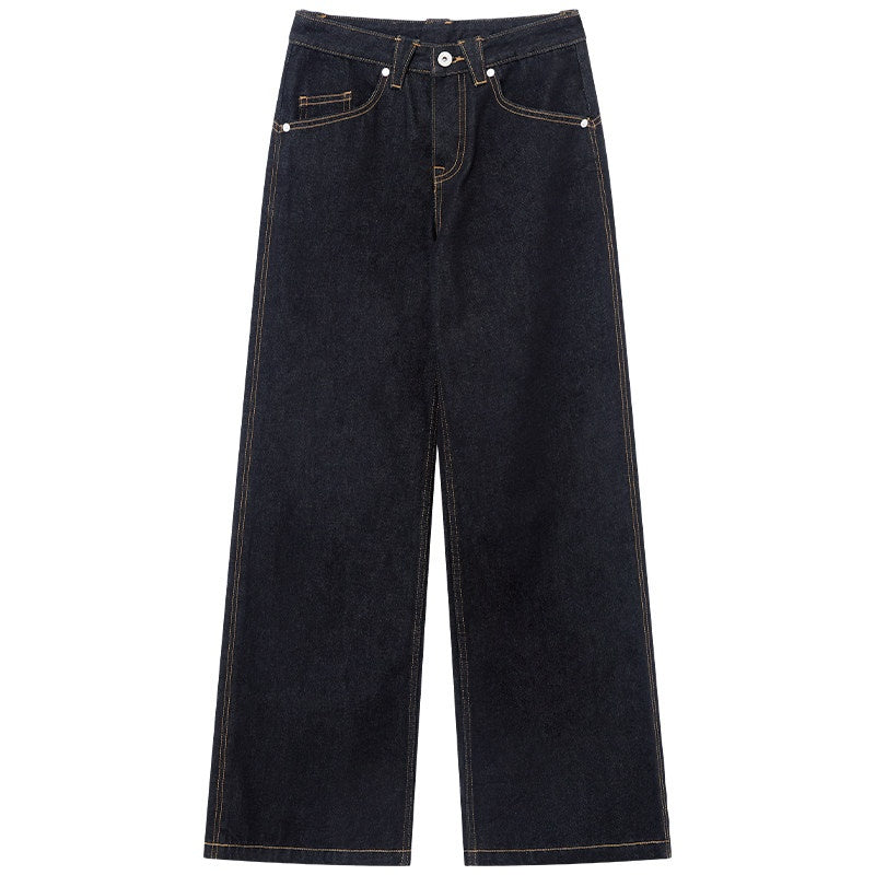 RUN TO THE FUTURE Casual Relaxed Dark Wash Cotton Natural Waist Zip Fly Denim Straight Jeans