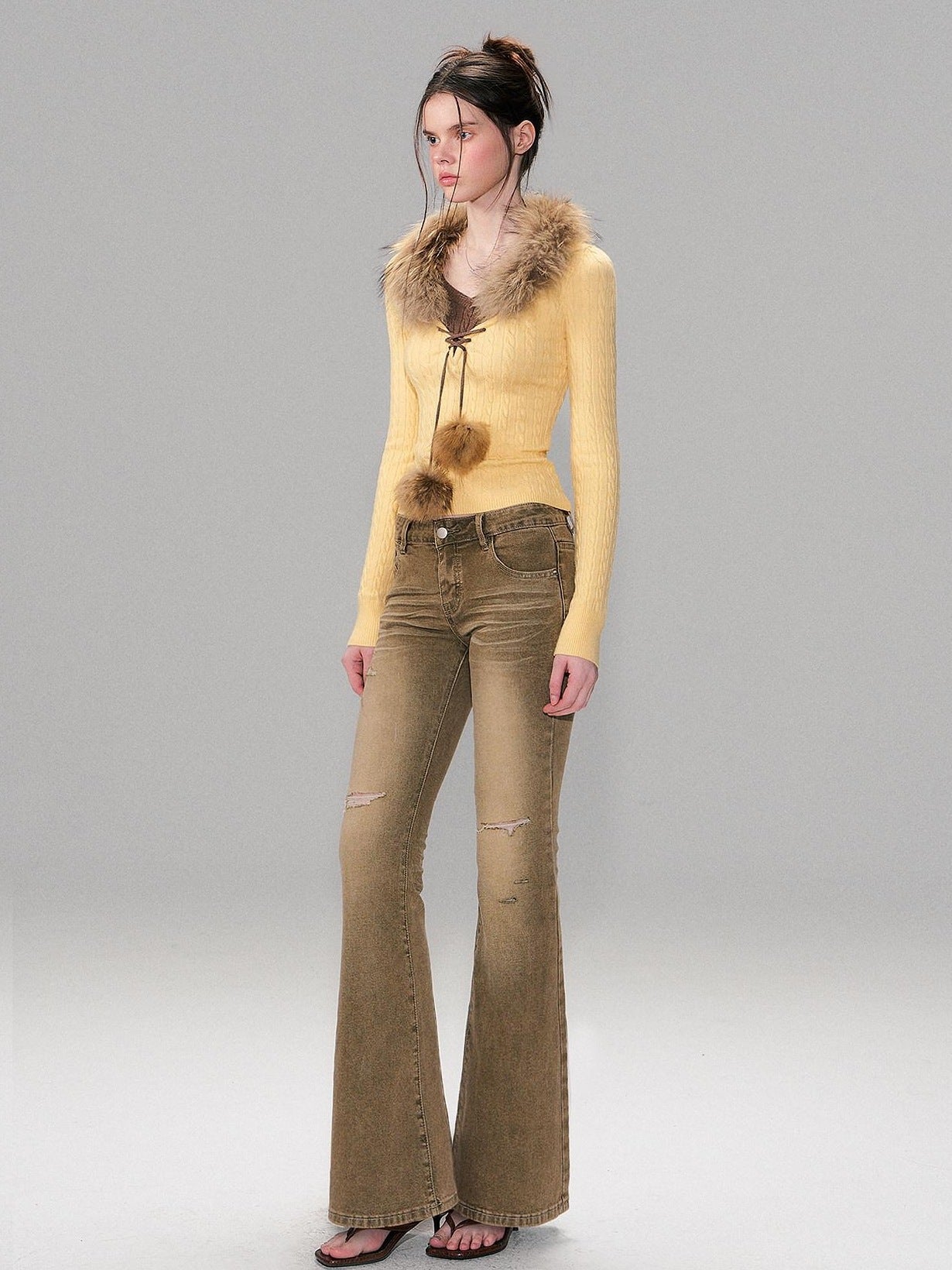 The NeverMore Viscose Blend Slim Fit Faux Layered Cropped Knit Pullover Girls Yellow Sweaters