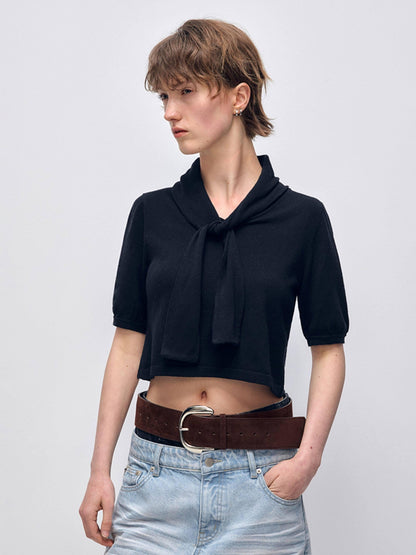 RUN TO THE FUTURE Vintage Knit Solid Black Short Sleeve Straight Fit Ladies Crop Tops