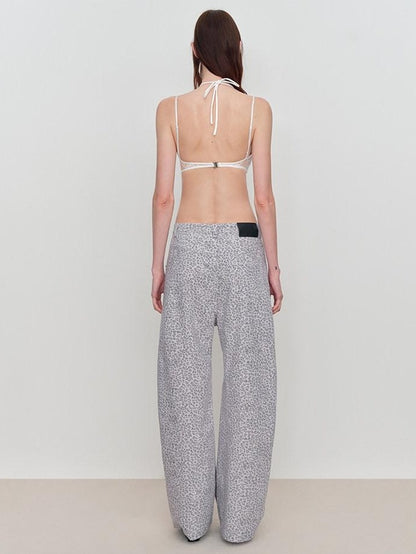RUN TO THE FUTURE Leopard Print Asymmetric Zip Low Waist Blade Cut Women Wide-Leg Pants