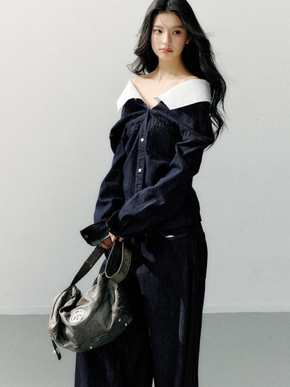 7Shiftin Cotton One Shoulder Casual Relaxed Long Sleeve Cropped Button Deep Blue Blouses