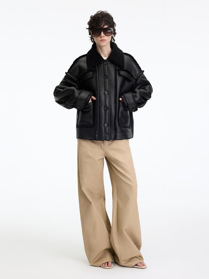 RUN TO THE FUTURE Leopard Patchwork Casual Loose Straight Leg Mid Rise Zip Fly Cotton Khaki Chinos