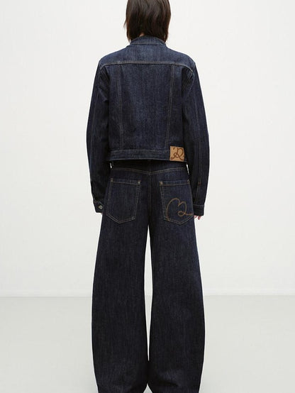 RUN TO THE FUTURE Indigo Two Piece Denim Set Button Jacket Casual Neutral Female Wide-Leg Jeans