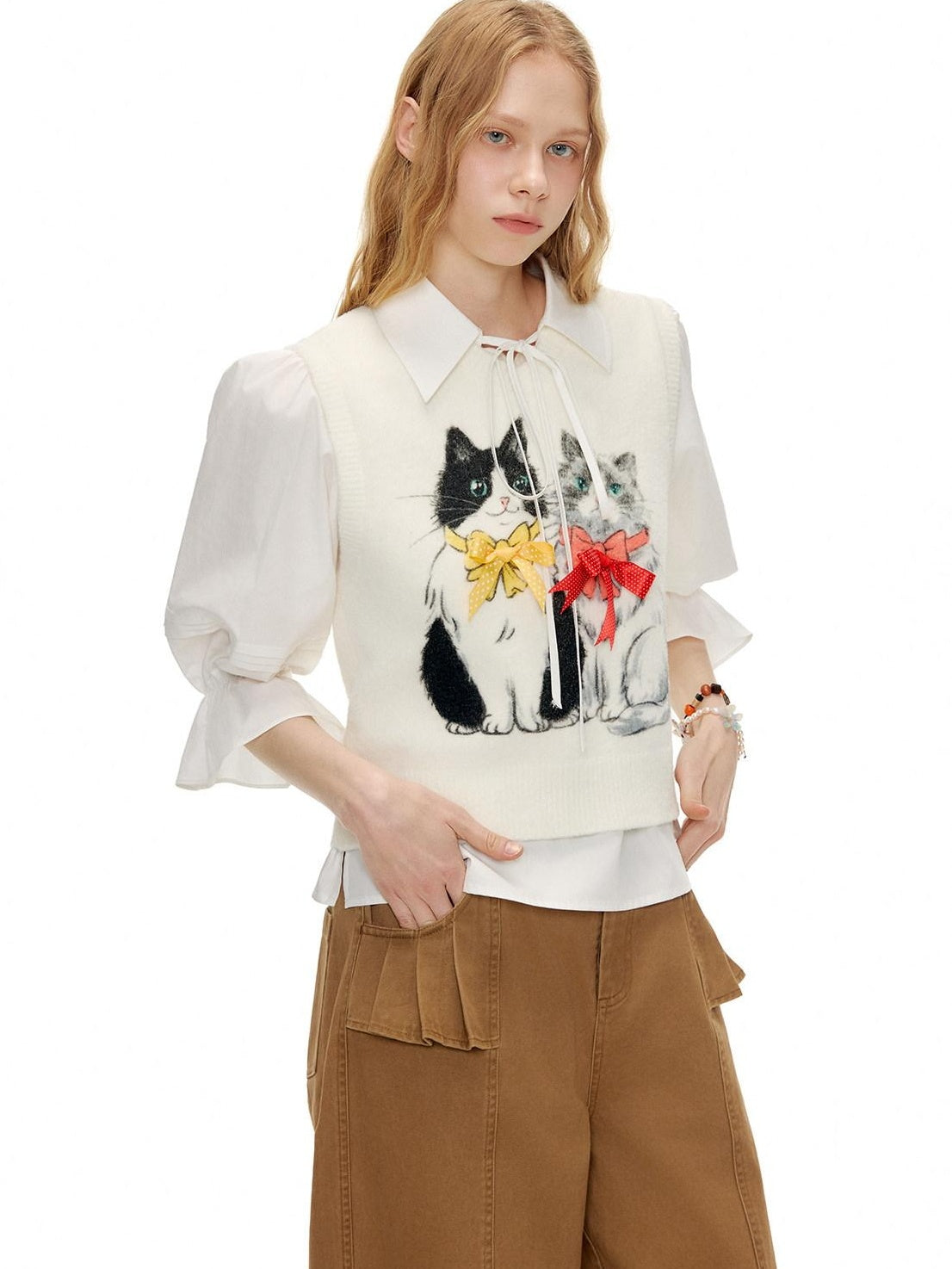 OuttheBlue Lightweight Cotton Lyocell High Waist Tie Casual Puff Sleeves Women Blouses