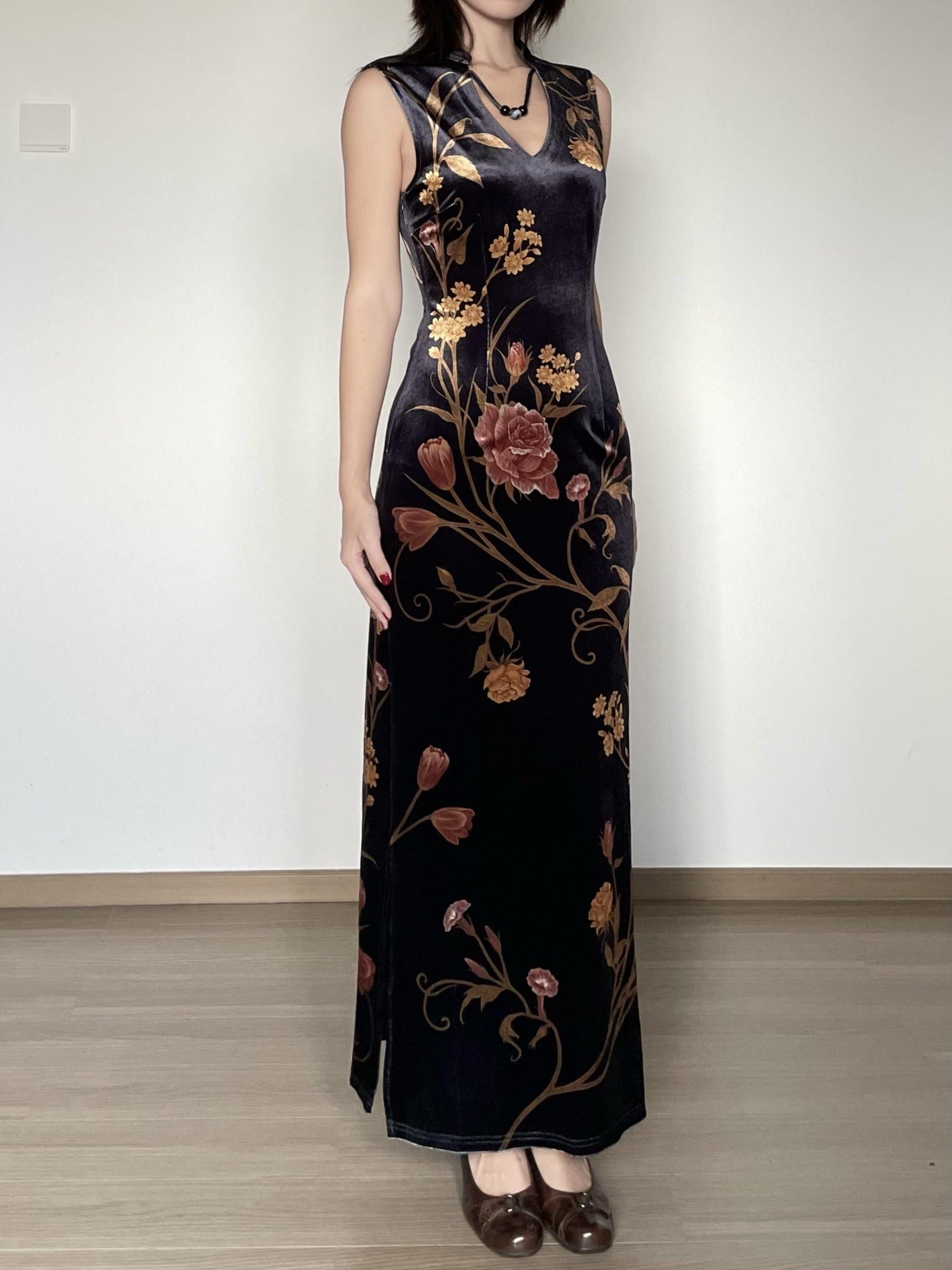 Wet Tail Breathable Floral Cheongsam Vintage Long Sleeve Everyday Casual Maxi Dresses