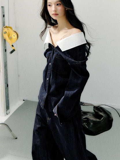 7Shiftin Cotton One Shoulder Casual Relaxed Long Sleeve Cropped Button Deep Blue Blouses